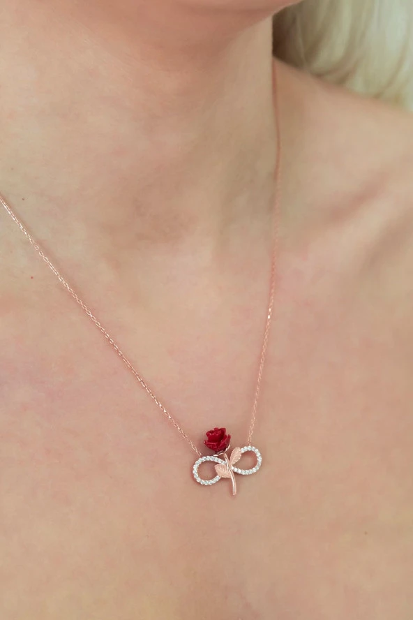 925 Ayar Kırmızı Gül Sonsuzluk Kolye Kadın Gümüş Kolye - Resim 3