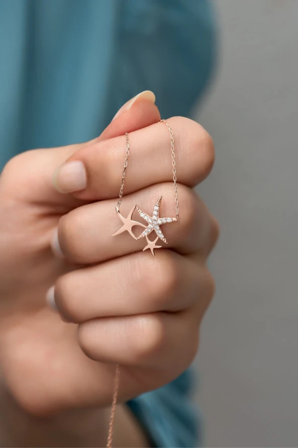 925 Ayar Gümüş Rose Üç Yıldızlı Kolye ürün görseli