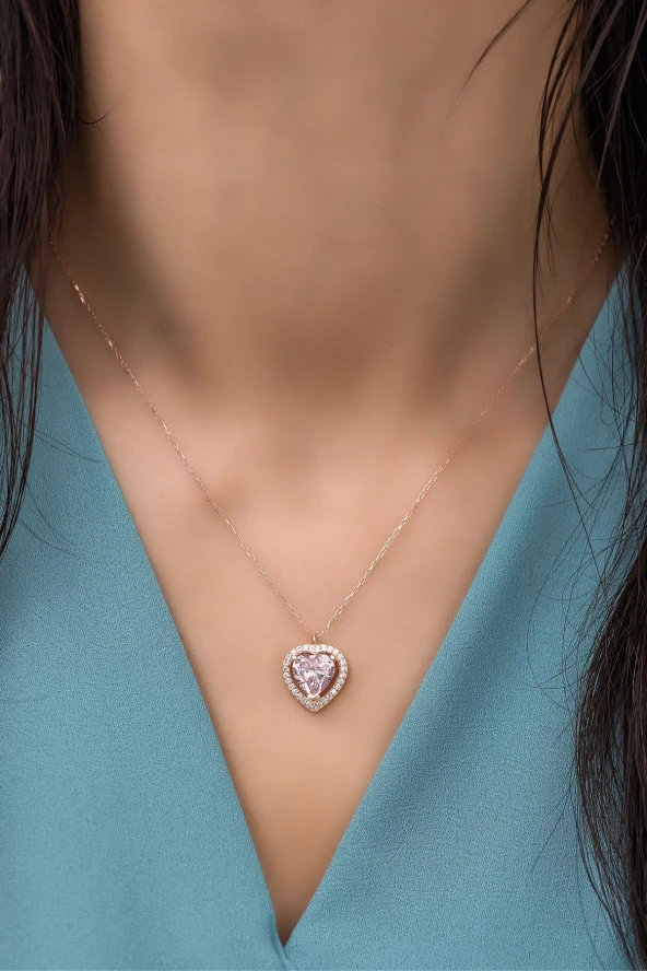 925 Ayar Gümüş Pembe Taşlı Kalp Model Kolye - Resim 2