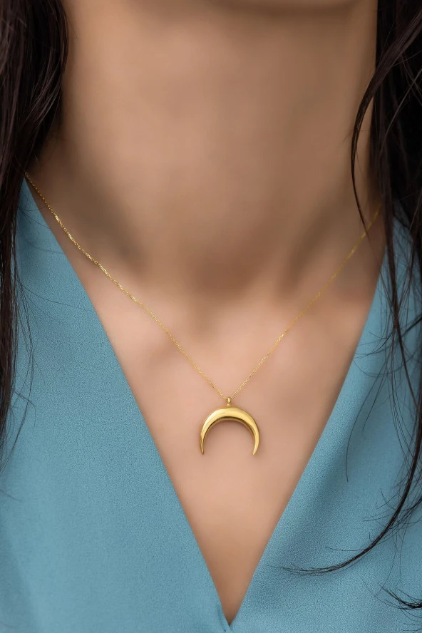 925 Ayar Gümüş Gold Ters Hilal Kolye - Resim 2