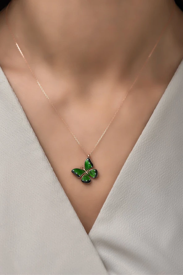 925 Ayar Gümüş Mineli Yeşil Kelebek Kolye - Resim 2