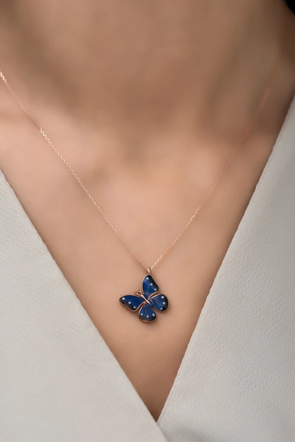 925 Ayar Gümüş Mineli Mavi Kelebek Kolye - Resim 2