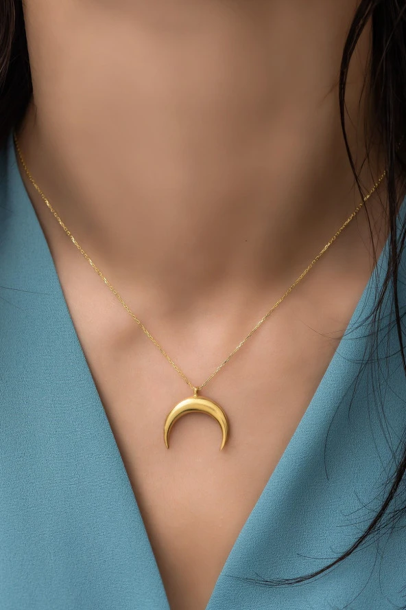 925 Ayar Gümüş Gold Ters Hilal Kolye - Resim 3