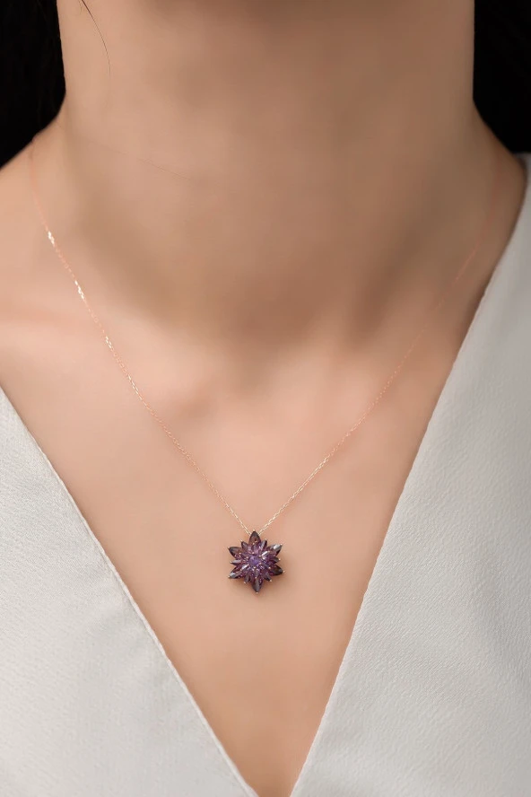 925 Ayar Gümüş 4 Katman Mor Lotus Çiçeği  Kolye - Resim 2