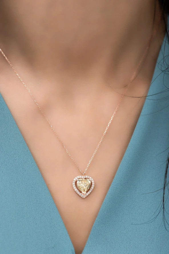 925 Ayar Gümüş Sitrin Taşlı Kalp Model Kolye - Resim 3