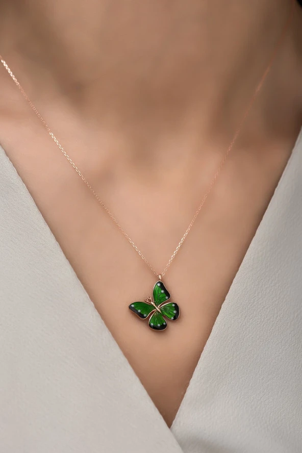 925 Ayar Gümüş Mineli Yeşil Kelebek Kolye - Resim 3