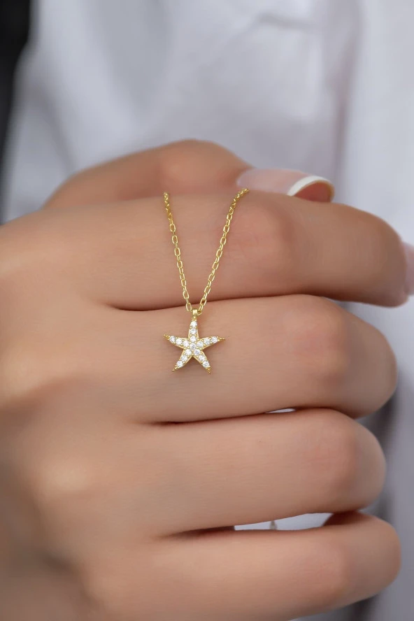 925 Ayar Gümüş Gold Zirkon Taşlı Deniz Yıldızı Kolye ürün görseli