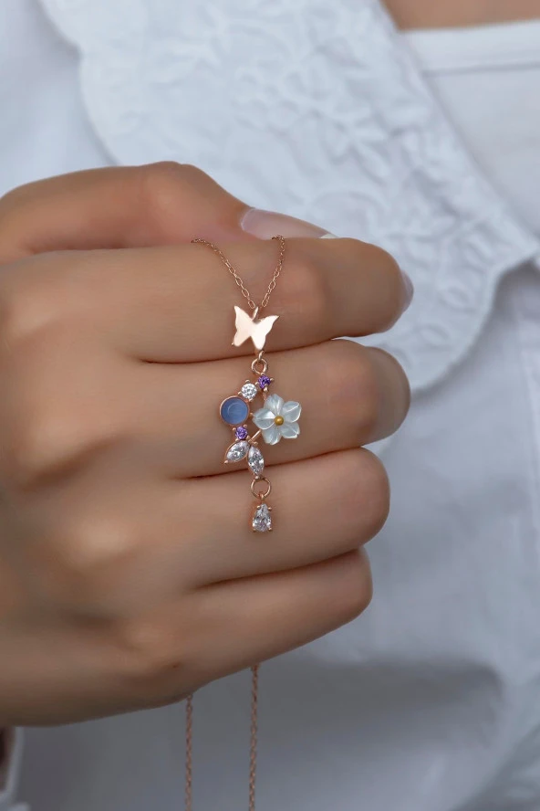 925 Ayar Gümüş Kelebek Bahar Çiçeği Manolya Kolye ürün görseli