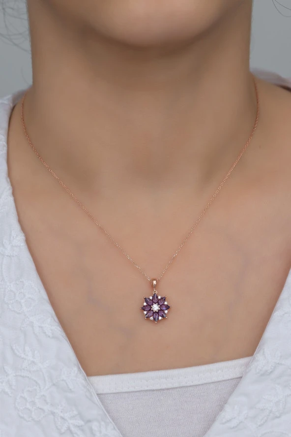 925 Ayar Gümüş Mor Taşlı Lotus Çiçeği Kolye - Resim 2