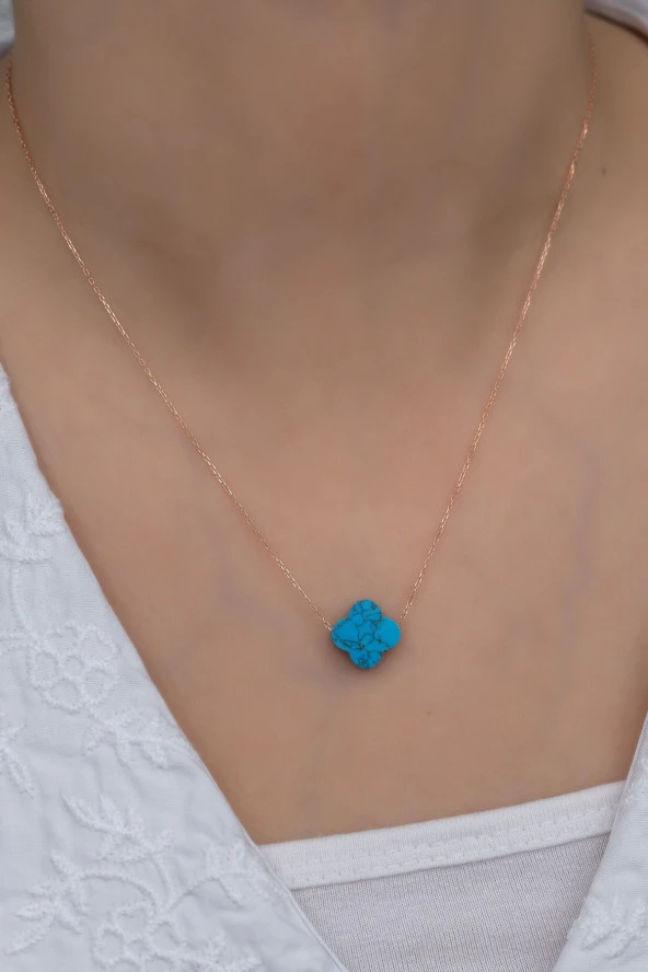 925 Ayar Gümüş Mavi Firuze Taşlı Yonca Kolye - Resim 2