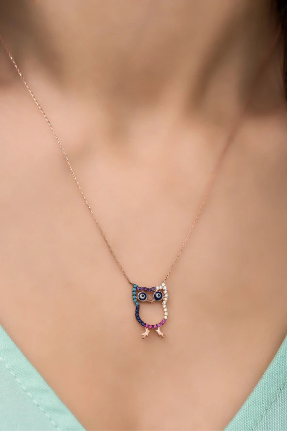 925 Ayar Gümüş Mix Taşlı Baykuş Kolye - Resim 3