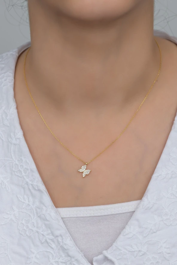 925 Ayar Gümüş Gold Minik Kelebek Kolye - Resim 2
