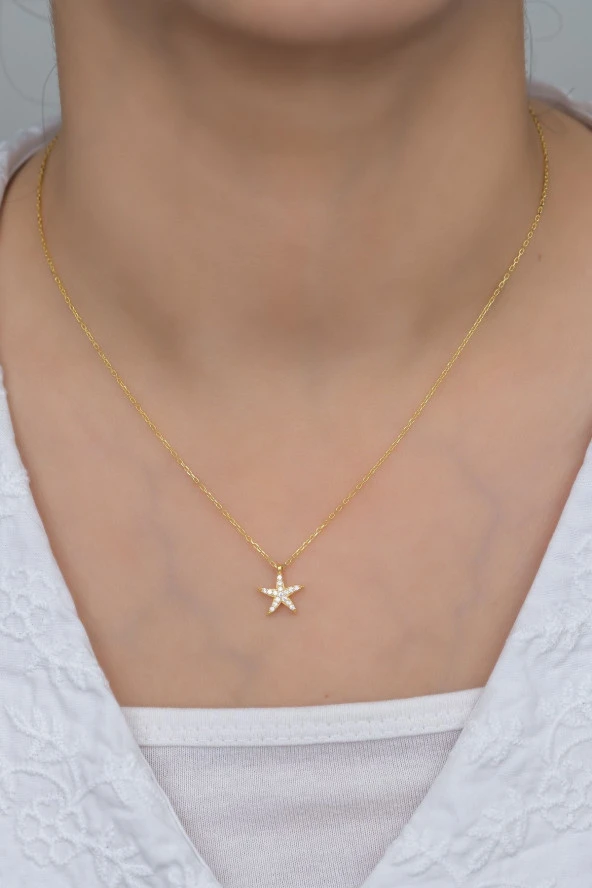 925 Ayar Gümüş Gold Zirkon Taşlı Deniz Yıldızı Kolye - Resim 2