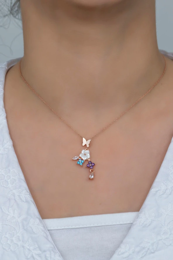 925 Ayar Gümüş Kelebek ve Yonca Bahar Çiçeği Manolya Kolye - Resim 2