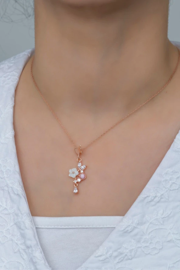 925 Ayar Gümüş Pembe Taşlı Kelebek Manolya Çiçeği Kolye - Resim 2