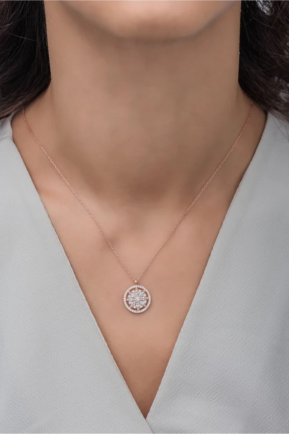 925 Ayar Gümüş Rose Zirkon Taşlı Çiçek Kolye - Resim 2