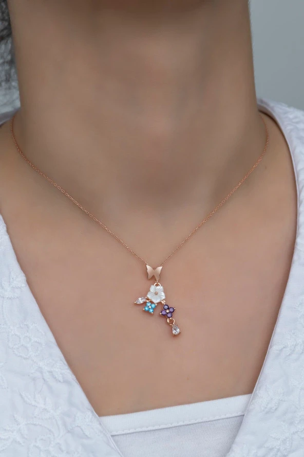 925 Ayar Gümüş Kelebek ve Yonca Bahar Çiçeği Manolya Kolye - Resim 3