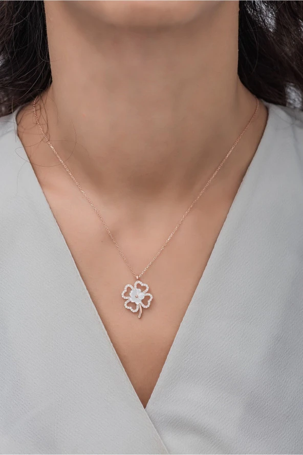 925 Ayar Gümüş Rose yonca Model Manolya Çiçeği Kolye - Resim 2