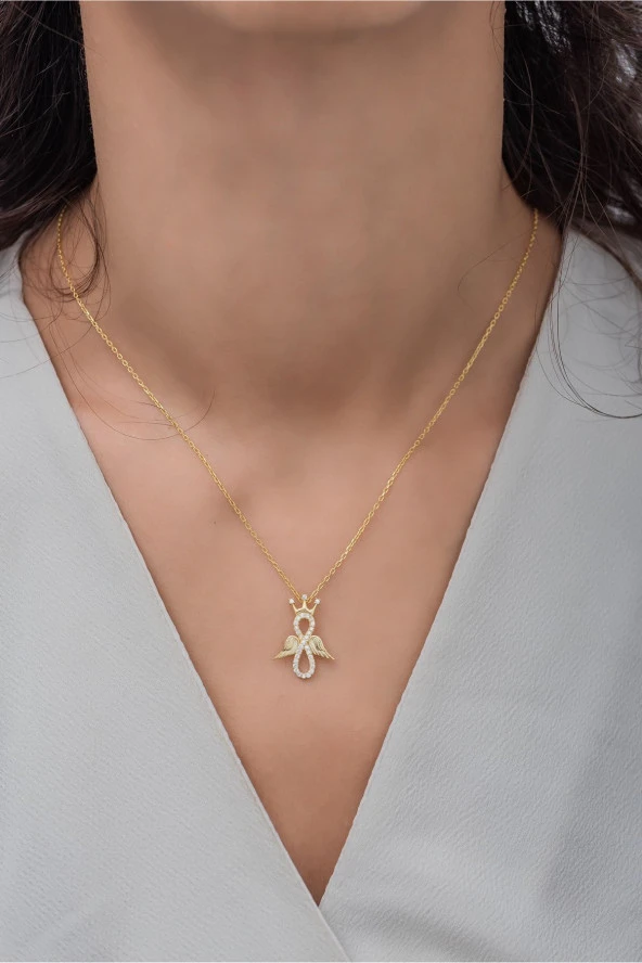 925 Ayar Gümüş Gold Kanatlı Sonsuzluk Kral Tacı Kolye - Resim 2