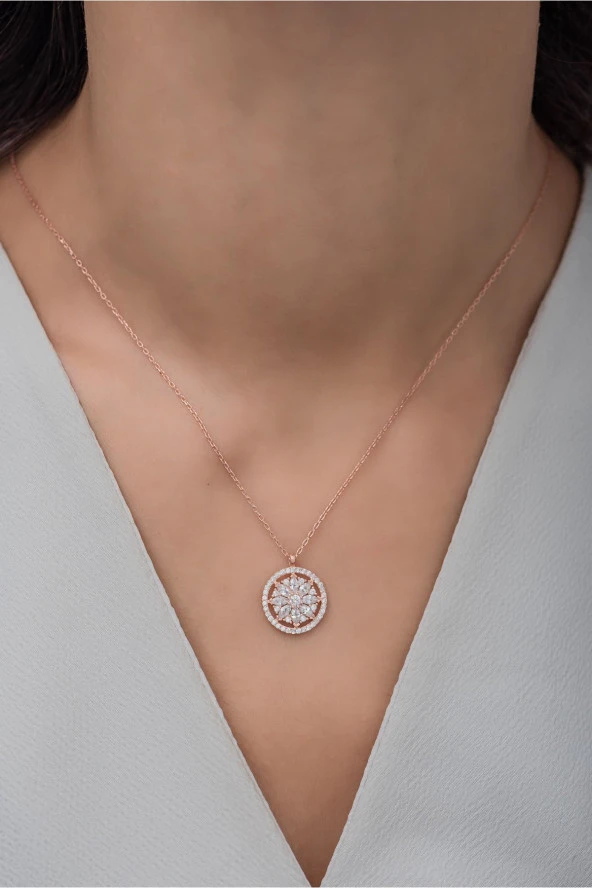 925 Ayar Gümüş Rose Zirkon Taşlı Çiçek Kolye - Resim 3