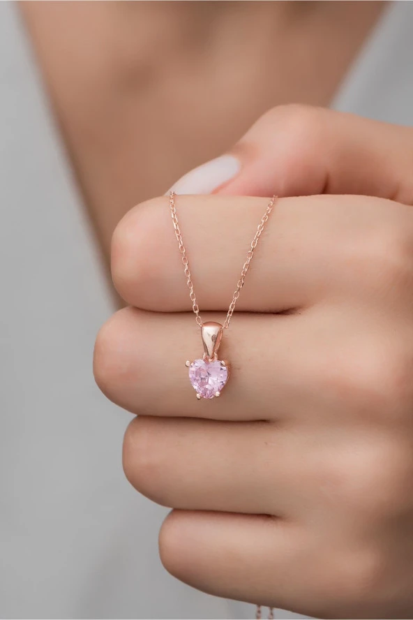 925 Ayar Gümüş Pembe Taşlı Kalp Kolye ürün görseli