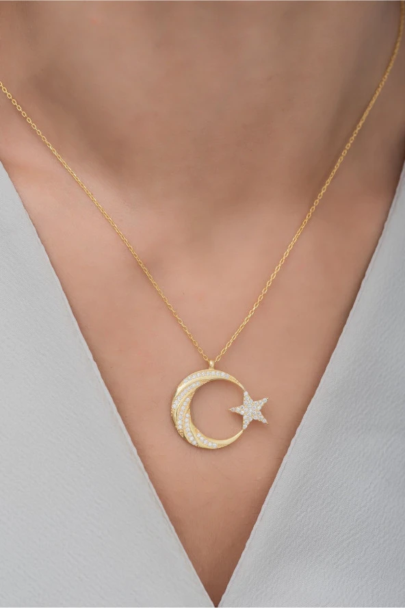 925 Ayar Gümüş Gold Zirkon Taşlı Ayyıldız Kolye - Resim 2