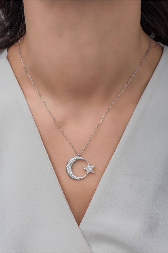 925 Ayar Gümüş Beyaz Zirkon Taşlı Ayyıldız Kolye - Resim 2