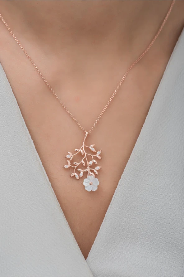 925 Ayar Gümüş Filizlenmiş Manolya Çiçeği Kolye - Resim 2