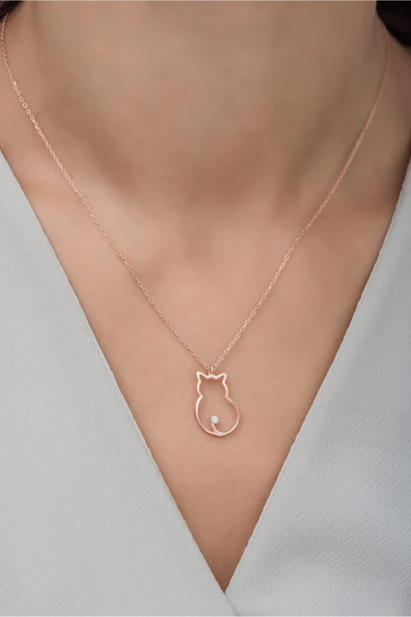 925 Ayar Gümüş Sade Tektaş Kedi Kolye - Resim 2