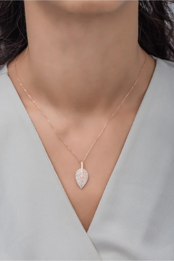 925 Ayar Gümüş Rose Zirkon Taşlı Yaprak Kolye - Resim 2