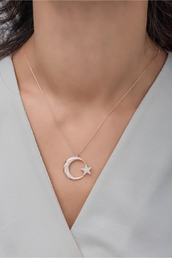 925 Ayar Gümüş Rose Zirkon Taşlı Ayyıldız Kolye - Resim 2