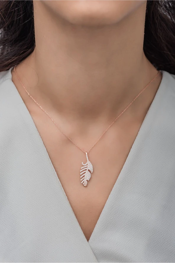 925 Ayar Gümüş Zirkon Taşlı Kuş Tüyü Kolye - Resim 2