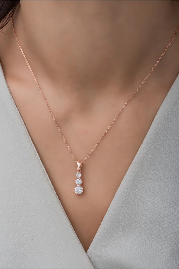 925 Ayar Gümüş 3'Lü Zirkon Taşlı Yuvarlak Tasarım Kolye - Resim 2