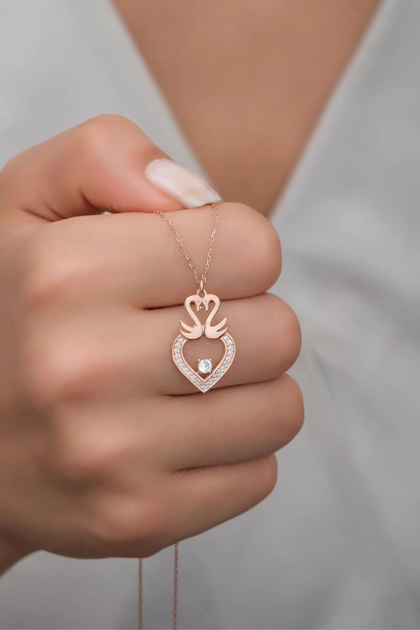 925 Ayar Gümüş Çift Kuğu Kalp Kolye ürün görseli