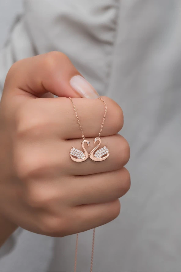 925 Ayar Gümüş Rose Çift Kuğu Kolye ürün görseli