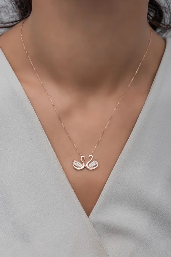 925 Ayar Gümüş Rose Çift Kuğu Kolye - Resim 2