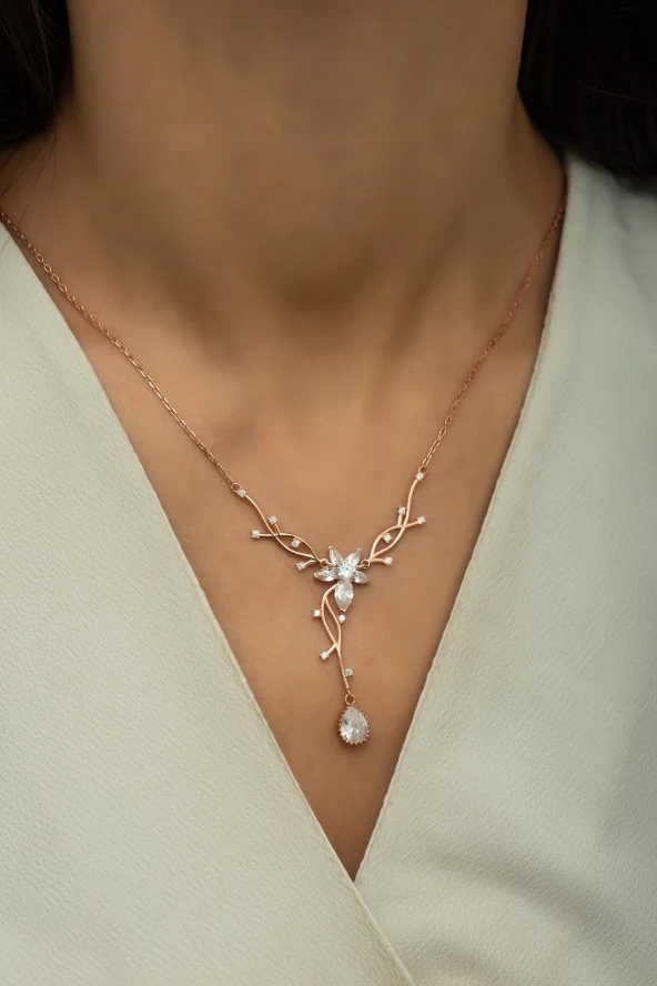 925 Ayar Gümüş Rose Zirkon Damla Taşlı Sarmaşık Kolye - 1