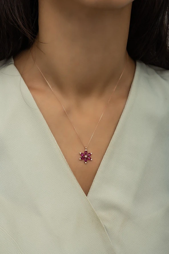 925 Ayar Gümüş Rose Kırmızı Zirkon Taşlı Çiçek Kolye - Resim 2