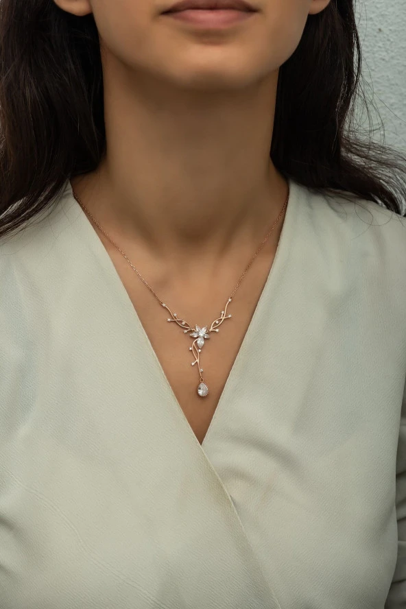 925 Ayar Gümüş Rose Zirkon Damla Taşlı Sarmaşık Kolye - 2