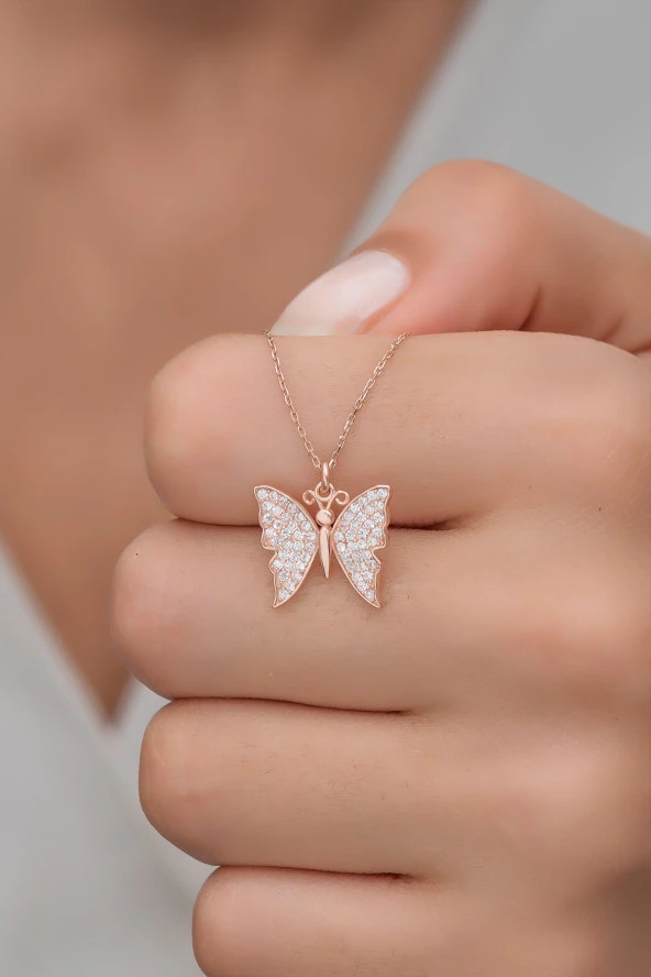 925 Ayar Gümüş Rose Zirkon Taşlı Kelebek Kolye ürün görseli