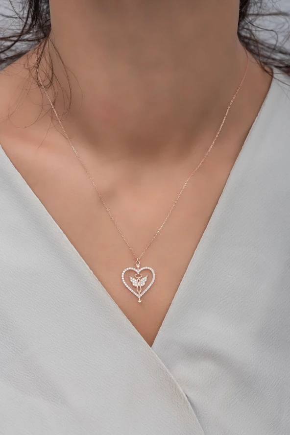 925 Ayar Gümüş Kalp İçinde Kanatlı Sonsuzluk Kolye - Resim 2