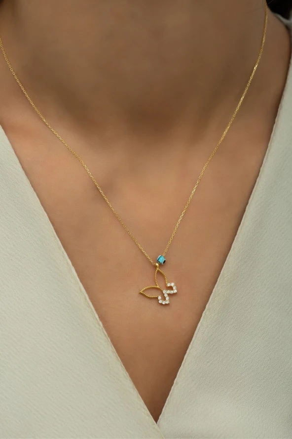 925 Ayar Gümüş Gold Nazar Göz Kelebek Kolye ürün görseli