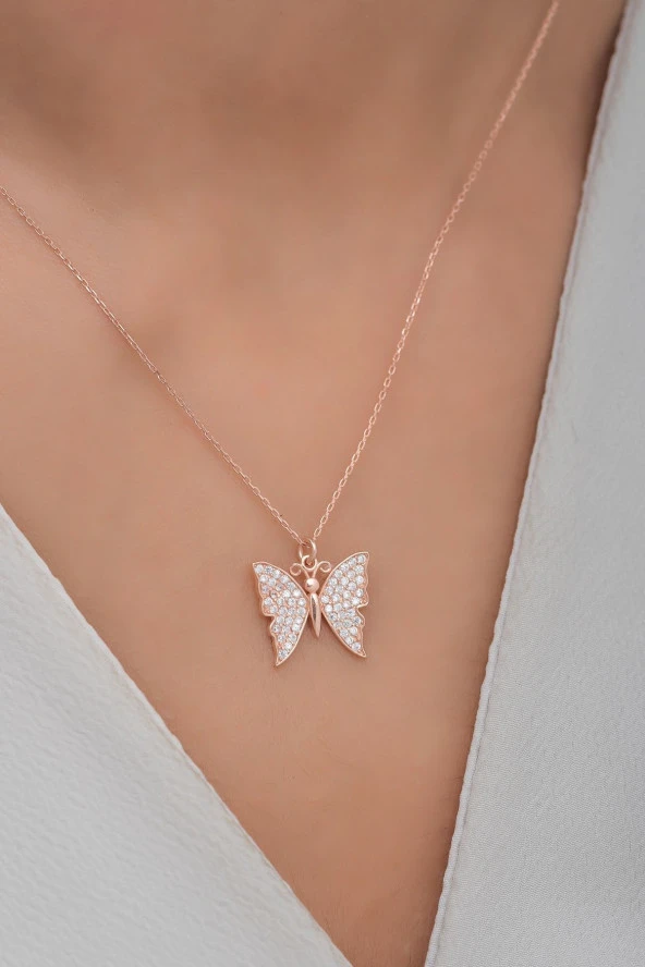 925 Ayar Gümüş Rose Zirkon Taşlı Kelebek Kolye - Resim 2