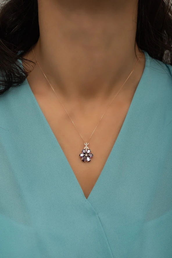 925 Ayar Gümüş Mor Taşlı 6 Yaprak Lotus Çiçeği Kolye - Resim 2