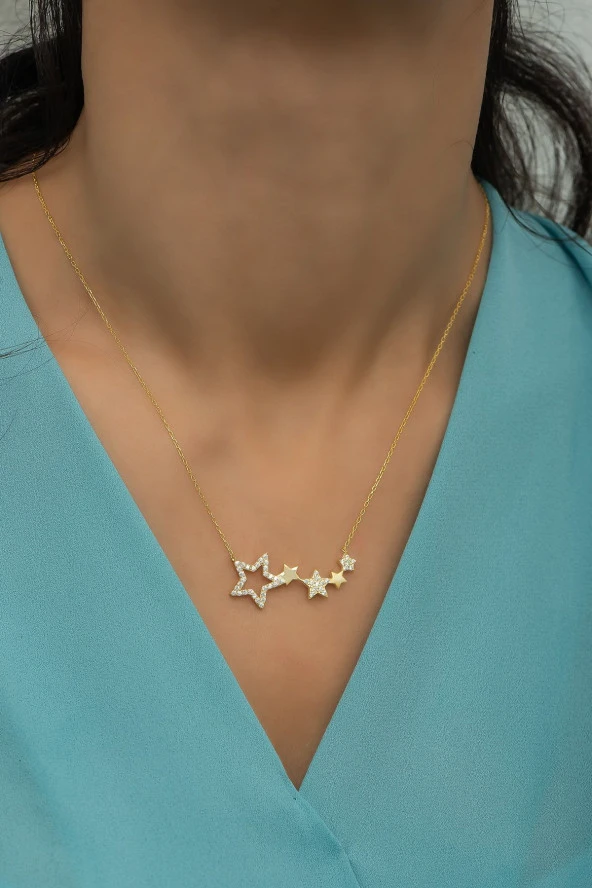 925 Ayar Gümüş Gold 5'Li Yıldız Yolu Kolye ürün görseli
