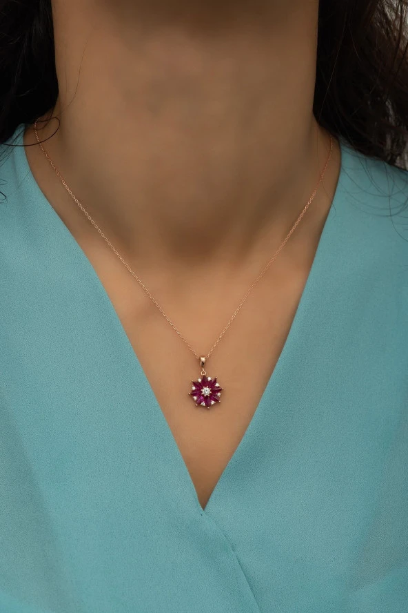 925 Ayar Gümüş Kırmızı Taşlı Lotus Çiçeği Kolye - Resim 2