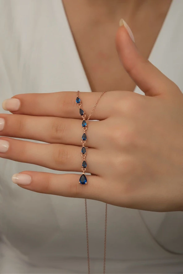 925 Ayar Gümüş Süzme Sıralı Damla Mavi Taşlı Kolye ürün görseli