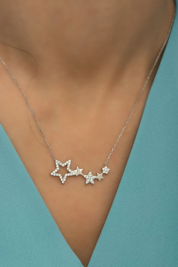 925 Ayar Gümüş Zirkon Taşlı 5'Li Yıldız Yolu Kolye - Resim 2