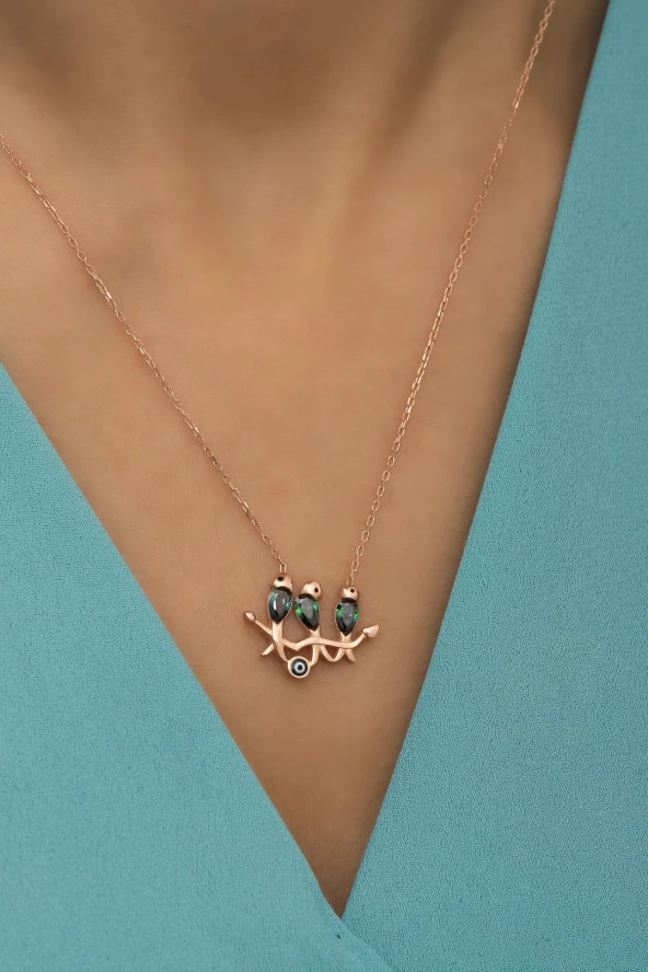 925 Ayar Gümüş Mistik Topaz Taşlı Daldaki Kuşlar Kolye - Resim 2