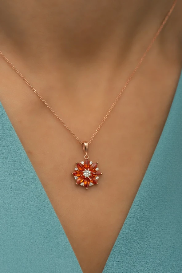 925 Ayar Gümüş Turuncu Taşlı Lotus Çiçeği Kolye - Resim 2